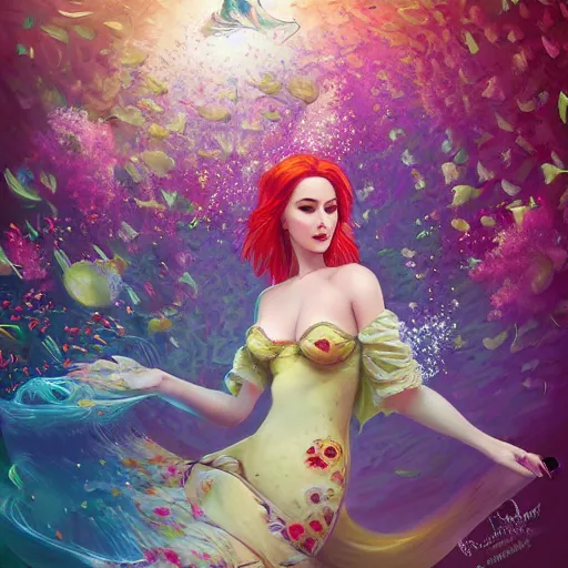 Image similar to Triss Merigold in a swirling sundress of flowers, underwater, floral explosion, radiant light, vortex of plum petals, by WLOP, Tristan Eaton and artgerm, artstation, deviantart