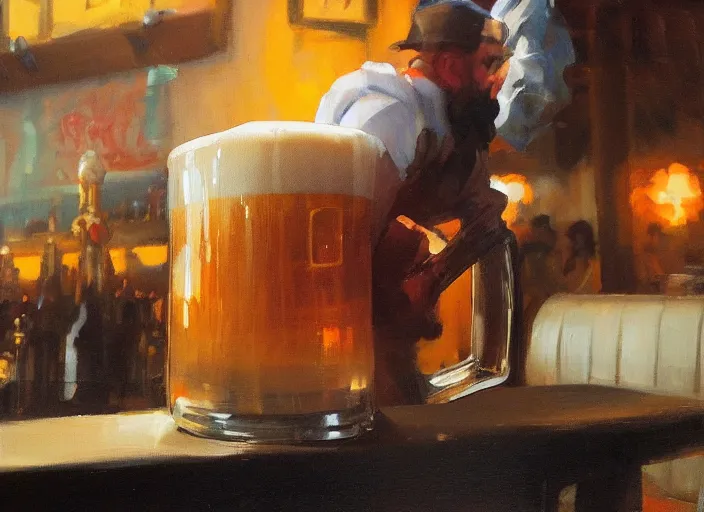 Image similar to greg manchess close - up painting of a delicious mug of beer in a dieselpunk bar, organic painting, matte painting, bold shapes, hard edges, street art, trending on artstation, by huang guangjian and gil elvgren and sachin teng