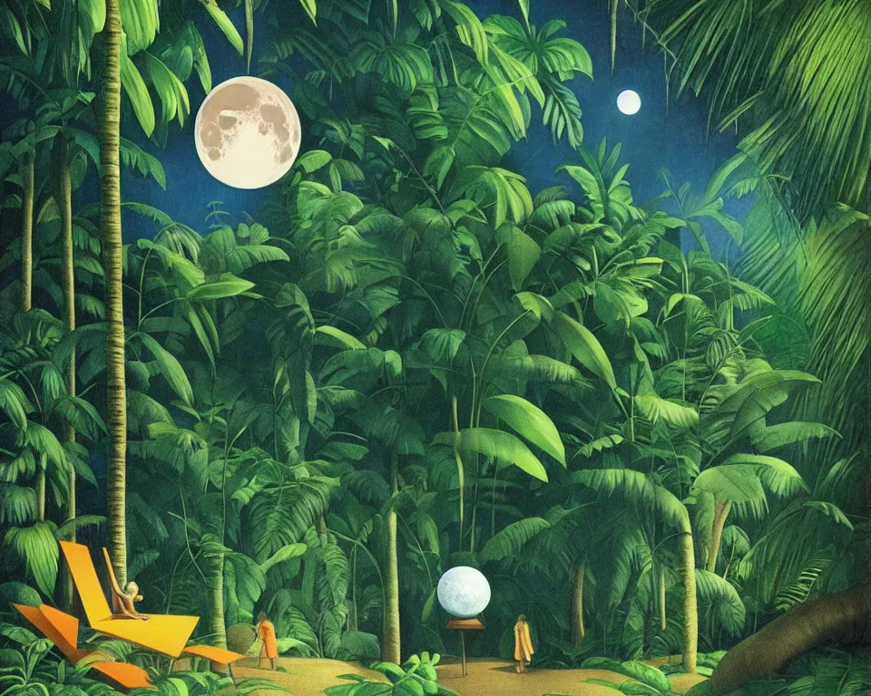 Image similar to an achingly beautiful print of the lunar lander in the middle of a tropical rainforest by Raphael, Hopper, and Rene Magritte. detailed, romantic, enchanting, trending on artstation.