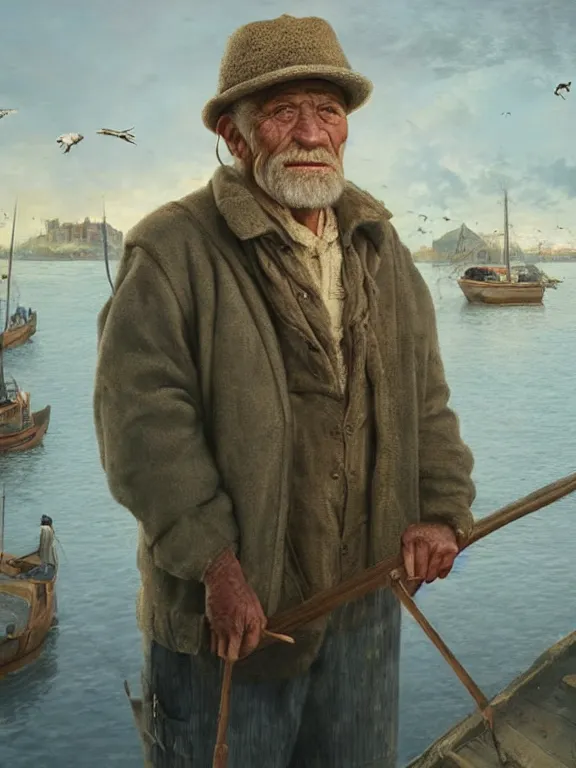 Image similar to realistic renderings portrait of very old fisher man portrait with a hat, wearing a fisher 🧥, coloured wears, ( ( ( ( ( a bird in the sky ) ) ) ) ) port scene background, astonishing scenes, detailed, photorealism, volumetric lighting, autumn lights colors, ultra detailed