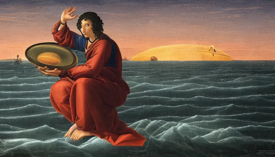 Prompt: drake holding an ufo by botticelli, digital art, classical painting, sharp focus, sunset beach, 4 k, restored