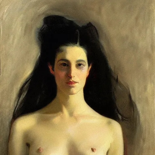 Image similar to “ dark haired girl holding infinity, very detailed, oil painting, portrait, dark background, by john singer sargent ”