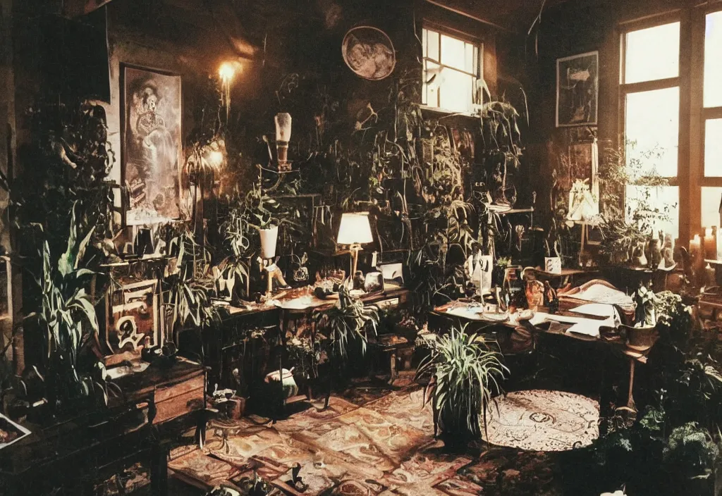 Prompt: 1970s color interior magazine photo of a dark witchcore office with candles, wooden walls with framed occult art with esoteric symbols, and a potted plant, with natural dappled light coming in through a circular window, in an attic