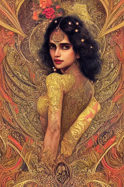 Image similar to a stunning ultradetailed illustration of an indian woman with epic wavy hair surrounded by paisleys and art nouveau floral patterns, by vania zouravilov and tom bagshaw, deep depth of field, studio lighting, golden ratio composition, 3 5 mm lens, very detailed, 8 k, artstation