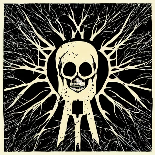 Image similar to dark death metal themed vector illustration for a record label, trees. forest, spikes, skull, microphone, skull, award winning, grunge, iconic, golden ratio