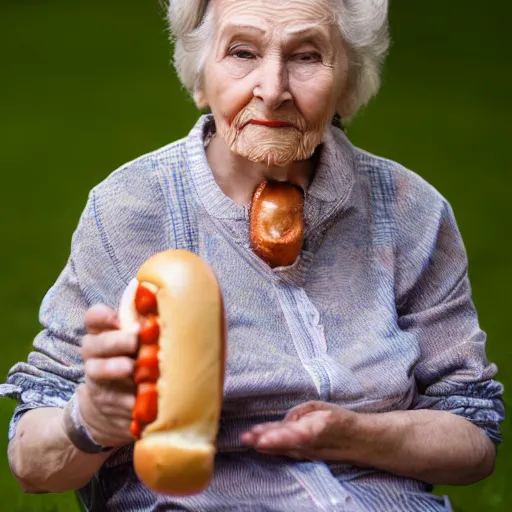 Prompt: old woman and her priceless hot dog, promotional photo from the antiques roadshow, uhd, 8k,