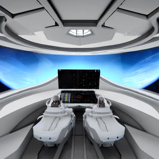 Image similar to flight deck inside a sci-fi spaceship escape pod that is a mind temple for meditation and discovery of secret knowledge. clean white interior, large window to view outer space, raytraced, corona render, 4k