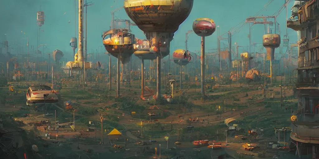 Image similar to a weird town city places with a giant weird thingsimon stalenhag, high detail, digital art, realistic, trending on artstation