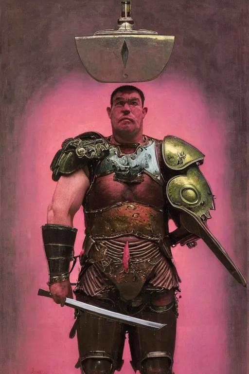 Image similar to head and torso portrait of jocko willink as huge warrior wearing plate armour and cape, dynamic action, pink and green, by lawrence alma tadema and zdzislaw beksinski and norman rockwell and tom lovell and greg staples and john william waterhouse