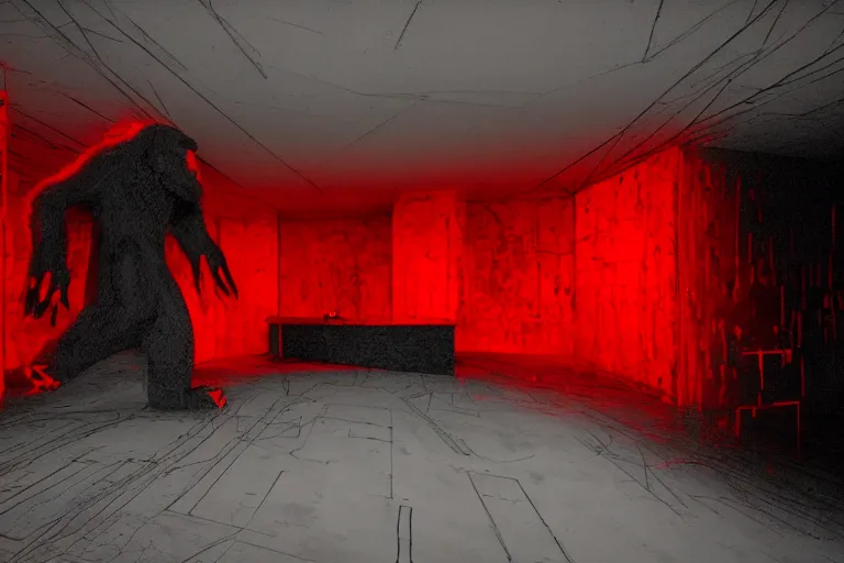 Image similar to cctv of an extremely dark empty room with glowing humanoid cryptid monster made out of static, dark deep black shadows, red and black color contrast in the style of trevor henderson and james ensor goya, liminal space, 3 d octane render, glitch effect