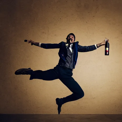 Image similar to an elgant detailed portrait of a man boisterously dancing around the room by himself holding an empty wine bottle as he jumps in the air in a (warehouse), striking artistic concept, perfect composition, detailed facial expression, fine detail, dramatic lighting, award-winning photo UHD, 4K