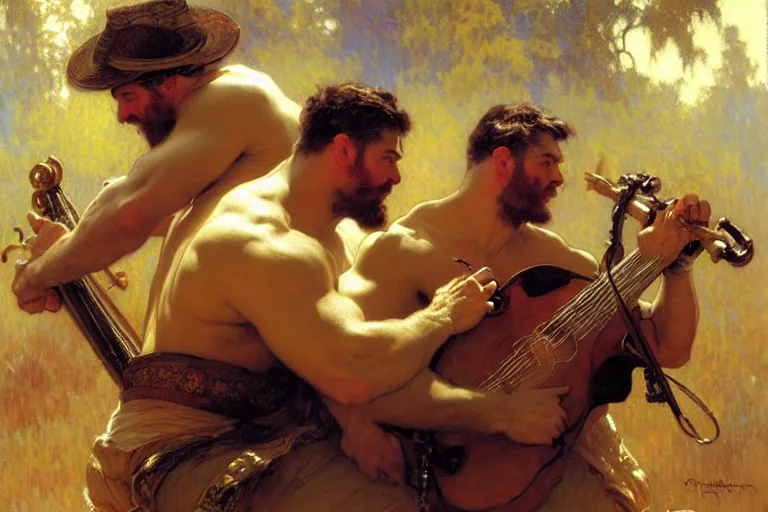 Image similar to 2 beefy attractive men playing music, painting by gaston bussiere, craig mullins, greg rutkowski, alphonse mucha