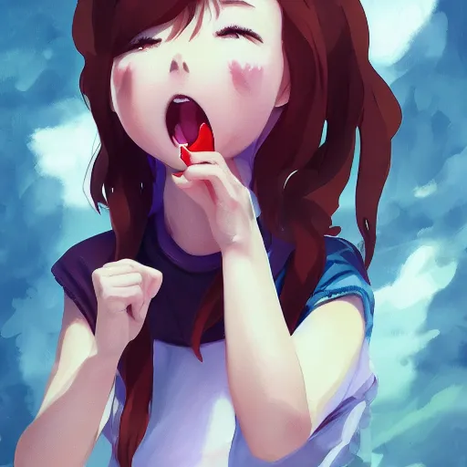 Image similar to a young girl yelling after she hurts her foot stepping on a lego, anime, drawn, artstation, wlop