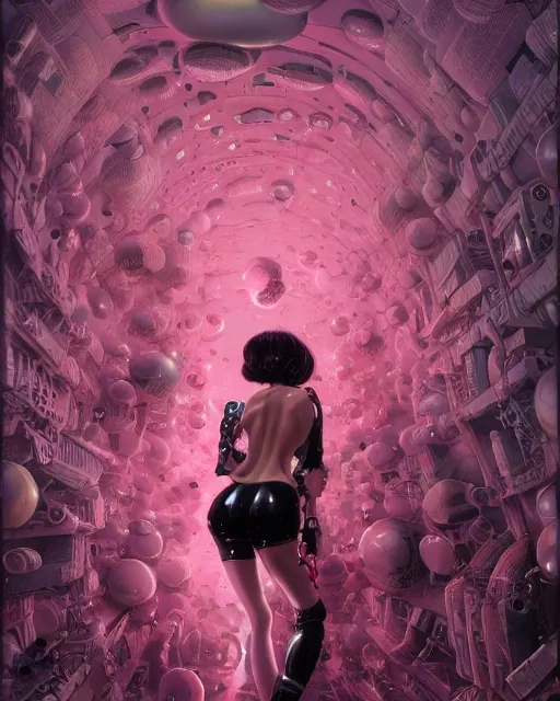 Image similar to beautiful fantasy character portrait, yayoi kusama locked in an infiniti room, wearing oversized puffy pink bomber jacket and black bikini, ultra realistic, wide angle, seductive pose, cyberpunk artifacts, highly detailed by peter mohrbacher, hajime sorayama, wayne barlowe, boris vallejo, aaron horkey, gaston bussiere, craig mullins