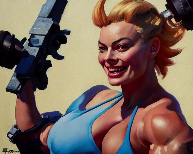 Prompt: greg manchess portrait painting of smiling margot robbie as beautiful thick female bodybuilder zarya from overwatch, medium shot, asymmetrical, profile picture, organic painting, sunny day, matte painting, bold shapes, hard edges, street art, trending on artstation, by huang guangjian and gil elvgren and sachin teng