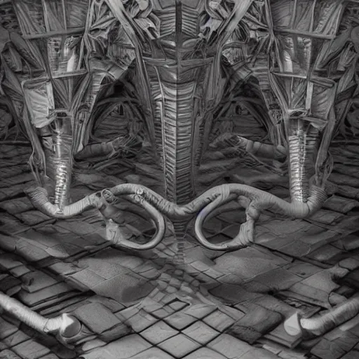 Prompt: Escher impossible art made with smooth pipes and soft flesh, merged machima, soft lighting, crepuscular rays, realistic octane render, 8k, ultra detailed, concept art, art GIGER, style by H. R. GIGER and M. C. Escher