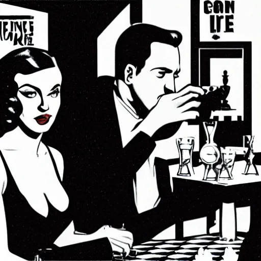 Prompt: Film Noir Chess scene: A hardboiled detective drinking whiskey and his attractive female client wearing a red dress are playing chess