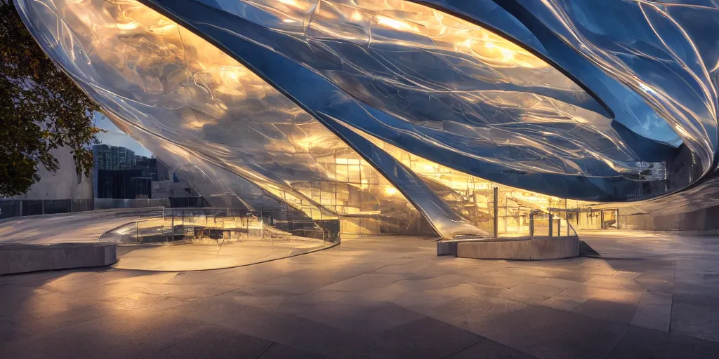 Image similar to extremely detailed awe stunning beautiful futuristic smooth curvilinear museum exterior, translucent gills, stunning volumetric light, stainless steel, concrete, translucent material, beautiful sunset, hyper real, 8k, colorful, 3D cinematic volumetric light, atmospheric light