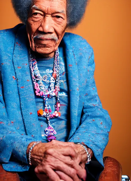 Image similar to DSLR photo portrait still of 77 year old age 77 Jimmy Hendrix at age 77!!!, 85mm f1.8