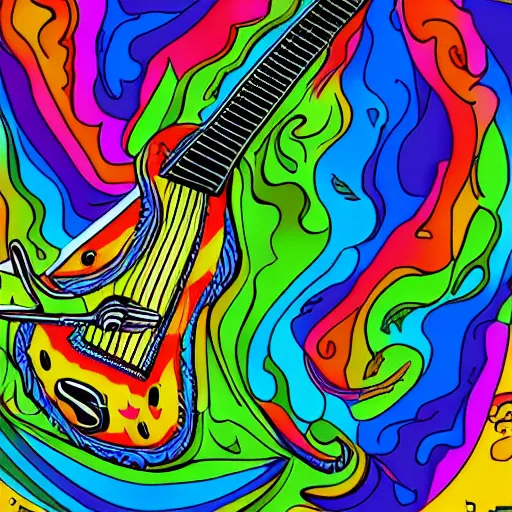 Image similar to psychedelic illustration of a guitar player melting on colors