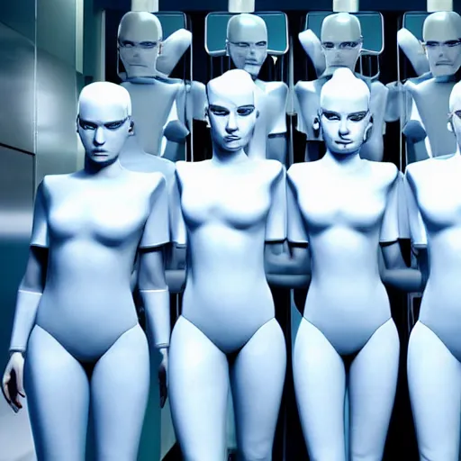 Prompt: troop of cloned ancient women with white bob hairdos, tight light blue neopren suits, futuristic production facility, sci - fi, highly detailed, cinematic