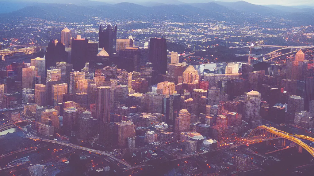 Image similar to Pittsburgh after the apocalypse, medium format photography taken from Mount Washington, Fuji sensia, 4k, golden hour