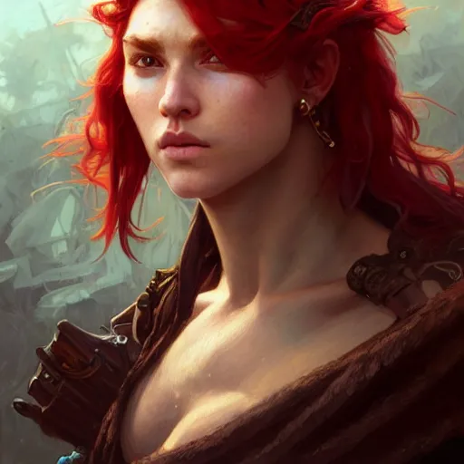 Image similar to portrait of a young rugged pirate, upper body, red hair, long hair, D&D, fantasy, intricate, elegant, highly detailed, digital painting, artstation, concept art, matte, sharp focus, illustration, art by Artgerm and Greg Rutkowski and Alphonse Mucha