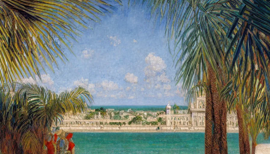 Image similar to a ultradetailed beautiful painting of the amazonas palace balustrade designed by jules bastien - lepage, tarsila do amaral, frank weston and gustave baumann, beach, trending on artstation, mediterranean, palm trees, sharp focus, colorful refracted sparkles and lines, soft light, 8 k 4 k