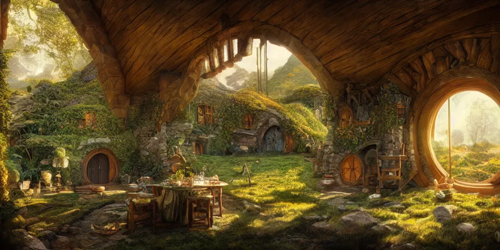 Prompt: Interior of a Hobbit home, golden hour, detailed matte painting, cinematic, Alan Lee, Artstation