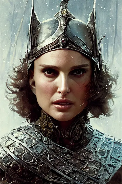 Image similar to natalie portman, legendary warrior, heroic, lord of the rings, tattoos, decorative ornaments, battle armor, by carl spitzweg, ismail inceoglu, vdragan bibin, hans thoma, greg rutkowski, alexandros pyromallis, perfect face, fine details, realistic shading photorealism