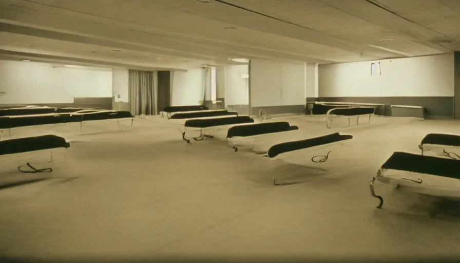 Image similar to 60s movie still of a sovietic stalinist style empty ballroom with beds, cinestill 800t 50mm eastmancolor, liminal Space style, heavy grain-s 150