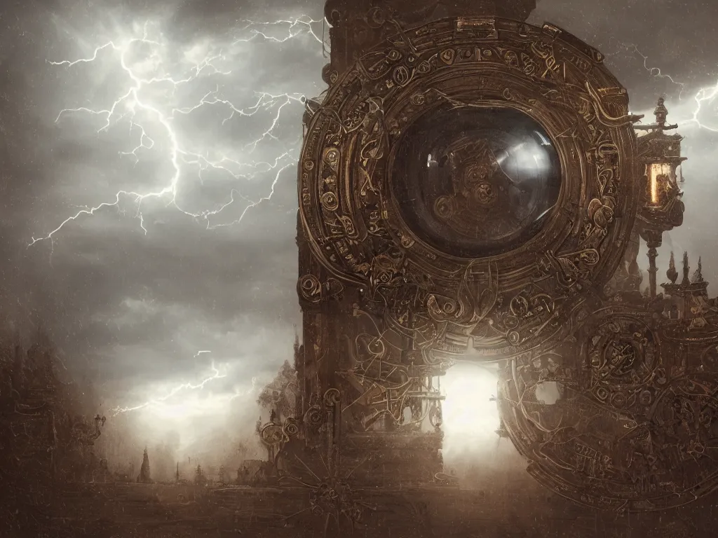 Image similar to richly decorated Victorian modular synthesizer, modern, beautiful, detailed wood, photorealistic, photorealism, lightning, clouds, the winter light comes in through a porthole, volumetric fog