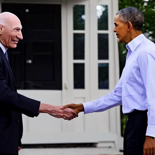 Prompt: Captain Picard shakes hands with Barack Obama, Realistic, HDR, 8K