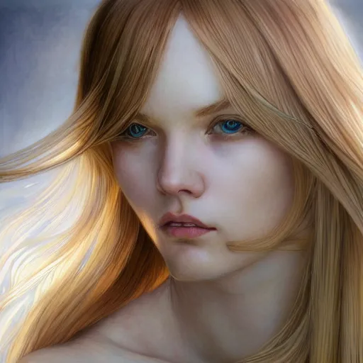 Image similar to A young woman with blonde long hair and bangs in shorts and white shirt drawn by Donato Giancola and Artgerm, Light by Julie Bell, design by alphonse mucha, background by James Jean and gustav klimt and John Marshall Gamble, 4k, volumetric lighting, french nouveau, trending on artstation, octane render, hyperrealistic
