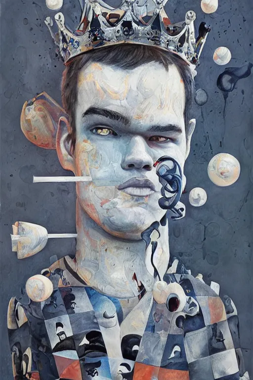 Image similar to a painting of magnus carlsen on a chess knight as king of chess, a surrealist painting by james jean, trending on cgsociety, pop surrealism, androgynous, grotesque, angular