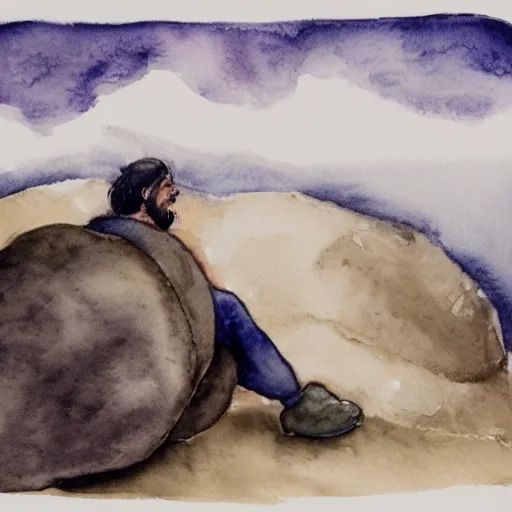 Image similar to rainy watercolor of sisyphus sitting on his boulder