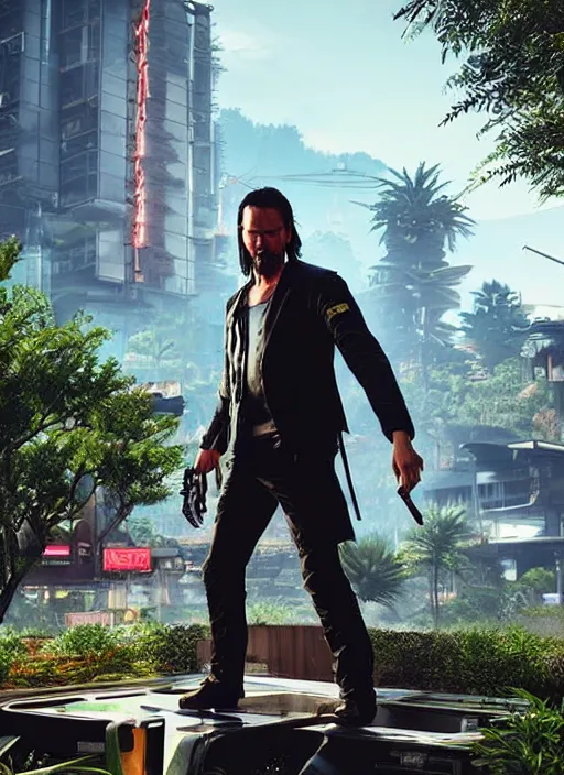 Prompt: wake up samurai, solarpunk, lots of plants, gardening, permaculture, keanu reeves as johnny silverhand, cyberpunk 2 0 7 7, anarchy, realistic, ultra detailed