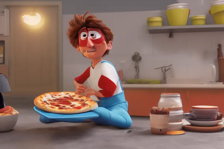 Image similar to still from a Pixar movie of Joe Keery making a pizza, high quality 3d render, movie, Pixar, Renderman, 4k, artstation