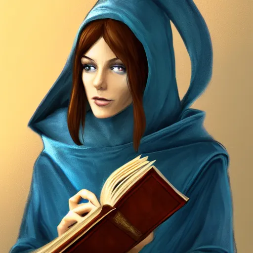 Image similar to A female wizard with brown hair wearing a blue hood and blue robe holding a book, fantasy setting, concept art, professional digital painting, extremely detailed, trending on artstation