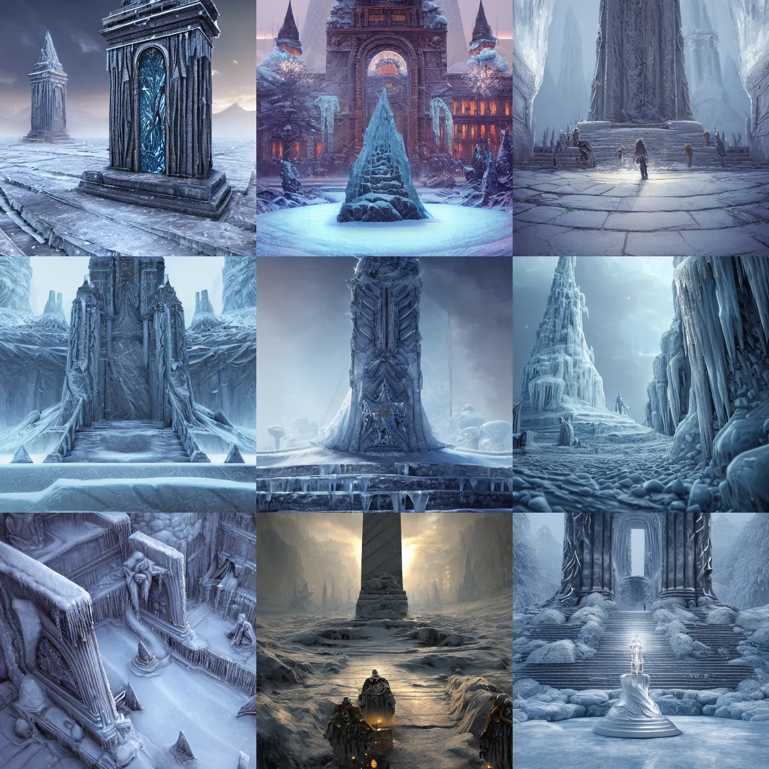 Prompt: worshipping the monument of vibes an icy realm intricately detailed, physically based rendering, realistic, in the style of WLOP, illustration, epic, fantasy, hyper detailed, smooth, unreal engine, sharp focus, ray tracing