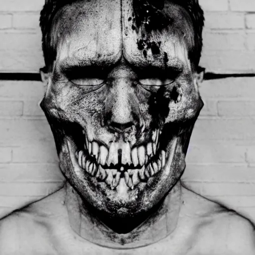 Image similar to uncanny disturbing black and white photo of patrick batemen with sharp teeth and half of his face missing revealing a bloody skull, missing poster, gory, bloody, scary, realistic