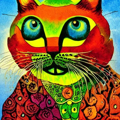 Image similar to a green cat's face, sci-fi watercolor by Louis William Wain,