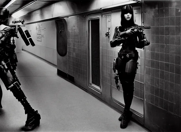 Prompt: cyberpunk cyborg girl with combat equipment and a gun for an arm, in a futuristic subway, richard avedon, tri - x pan