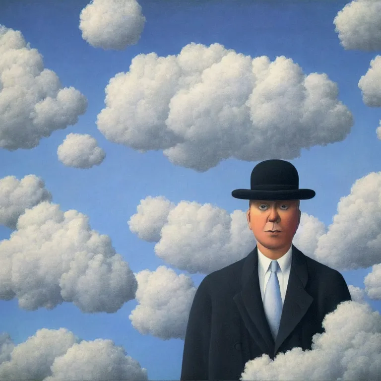 Image similar to portrait of a cloud faced man, by rene magritte, centered, detailed painting, hd, hq, high resolution, high detail, 4 k, 8 k