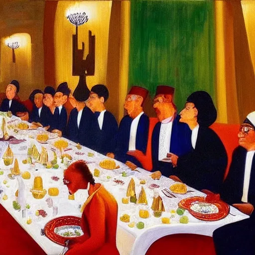 Image similar to president muhammadu buhari sitted at a lavish banquet with shiny trays and dishes with food minimalist solid background the great feast regal ornamental, iridescent in the style of edward hooper and henri matisse oil painting