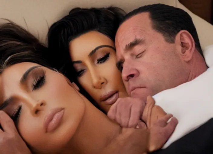 Prompt: film still of kim kardashian being kissed to sleep by joe biden, 8 k