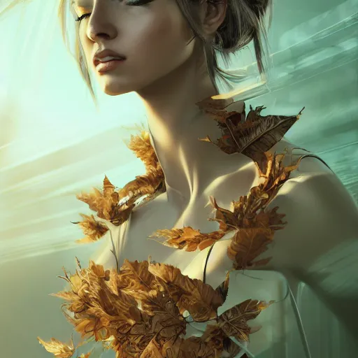 Prompt: a highly detailed digital image of a futuristic woman elegantly wrapped with leaves, artstation, extremely detailed woman, stunning volumetric lighting, hyper realism, fantasy 4k, art by Janice Sung