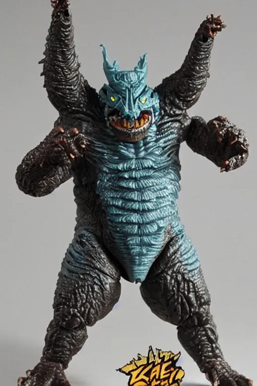 Prompt: kaiju action figure, vintage, 1980s