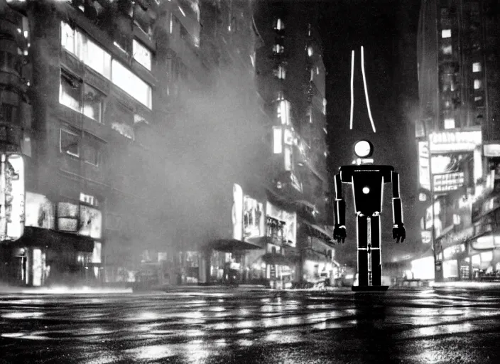 Image similar to a kodachrome photo of a tall huge metallic cyborg droid with glowing lights and sparks and lightning flying from inside, running sprinting on a rainy night in the city in the 1 9 5 0's, dramatic, seen from a distance, canon 5 0 mm, cinematic lighting, film, photography, award - winning, neon, cyberpunk, blade runner