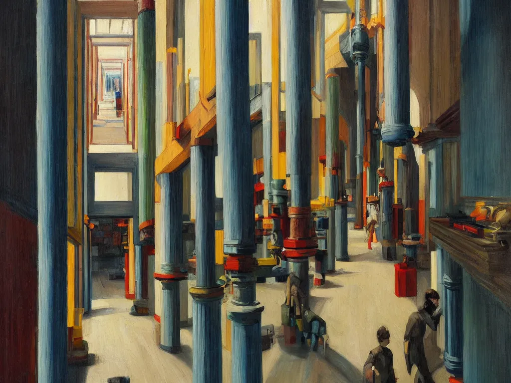 Image similar to colorful minimalist industrial interior hallway with monolithic pillars in the style of ridley scott and stanley kubrick, impossible stijl architecture, crowded with victorian era figures, ultra view angle view, realistic detailed painting by edward hopper